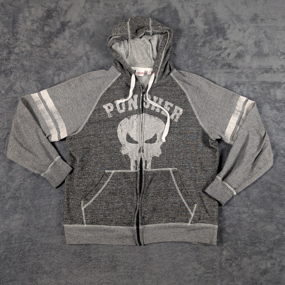 Punisher Marvel Mad Engine Full Zip Sweatshirt Hoodie Pockets Gray Size Large